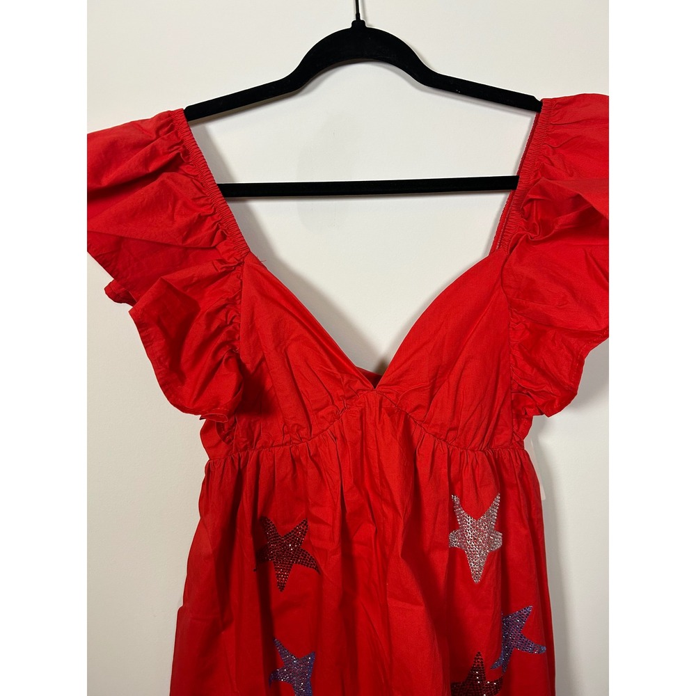 Peach Love California Womens Rhinestone Star Cotton Romper L Red Ruffle Tie Back